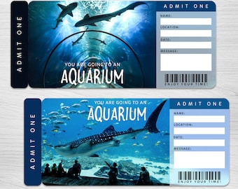 May include: Two printable tickets for an aquarium visit. The tickets are blue with a white border and feature underwater scenes. The text on the tickets reads "You are going to an Aquarium" and "Admit One".