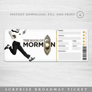 Druckbar Das Buch Mormon Broadway Surprise Ticket, Buch Mormon die Musical Collectible Theaterkarte, bearbeitbares Theater Faux Event