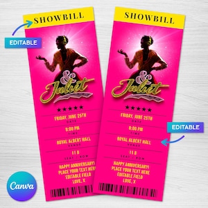 Printable Juliet Broadway Surprise Ticket, Juliet the Musical Collectible Theater Ticket, Editable Theatre Faux Event Admission Souvenir