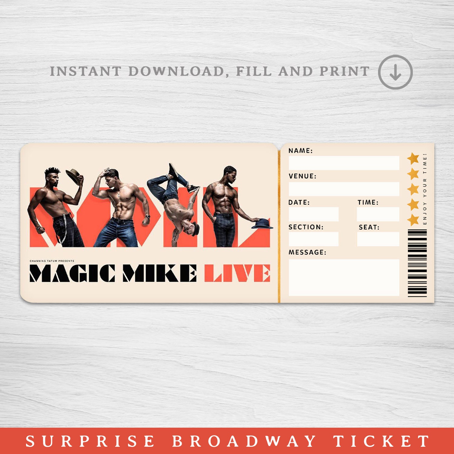 Printable Magic Mike LIVE Broadway Surprise Ticket, Magic Mike Musical Collectible Theater Ticket, Editable Musical Theatre Faux ticket