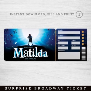 Druckbare Matilda Broadway Surprise Ticket, Matilda the Musical Collectible Theaterkarte, bearbeitbares Theater Faux Event Eintritt Souvenir