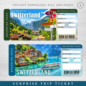 Digitales SCHWEIZ Überraschungsticket, Europa druckbare Bordkarte, druckbare Urlaubskarte, Urlaubsgeschenkgutschein, bearbeitbares Geschenk