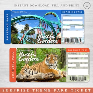 Digitales BUSCH GARDENS Surprise Trip Gift Ticket, druckbare Bordkarte für Vergnügungsparks, druckbare Urlaubskarte für Freizeitparks, künstliches Ticket