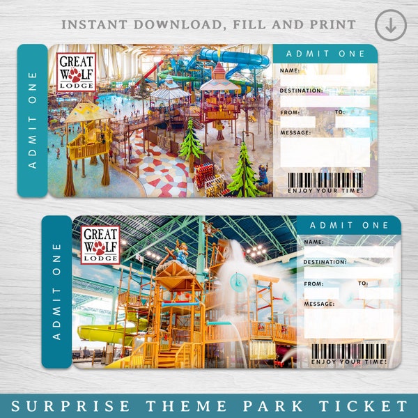 Digital Great Wolf Lodge Surprise Trip Gift Ticket,  Amusement Park Printable Boarding Pass, Surprise reveal, Editable Trip Ticket Vacation