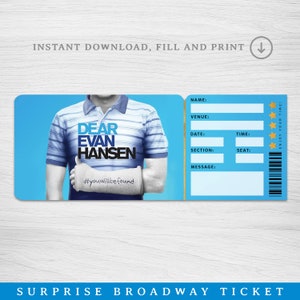 Druckbares Liebes Evan Broadway Surprise Ticket, Lieber Evan das Musical Sammlerstück Theaterkarte Bearbeitbares Musiktheater Faux Event Eintritt