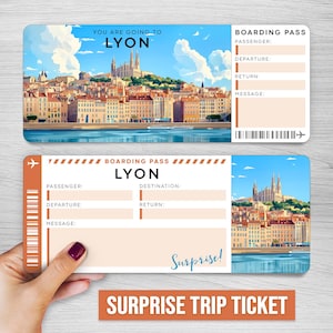 May include: Two boarding pass designs featuring a scenic view of Lyon, France. The top pass reads "You are going to Lyon" and the bottom one says "Lyon" with "Surprise!" written below. Both passes have space for passenger details and a barcode.