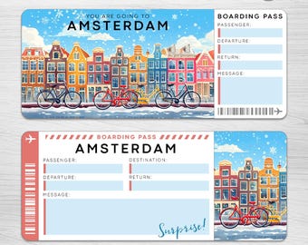Digital AMSTERDAM Surprise Trip Ticket, HOLLAND Printable Boarding Pass, Fake Airline Ticket, Vacation Ticket, Faux Boarding Pass Amsterdam
