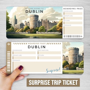 Biglietto digitale per viaggio a sorpresa a DUBLINO, carta d'imbarco stampabile per IRLANDA, biglietto per vacanze stampabile, buono regalo per vacanze in Europa, regalo modificabile