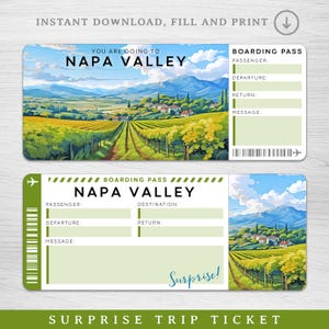 Carte d'embarquement modifiable pour la Napa, révélateur d'un voyage viticole en Californie, bon cadeau vin, cadeau surprise de vacances œnologiques, pass escapade imprimable pour la Napa