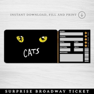 Druckbare CATS Broadway Surprise Ticket, Katzen die musikalische Sammler-Theaterkarte, bearbeitbare Musiktheater-Faux-Veranstaltung