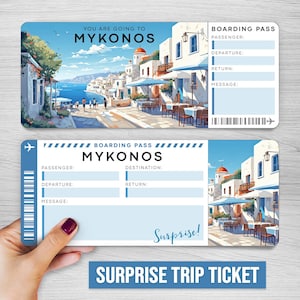 Billet numérique voyage surprise MYKONOS, carte d'embarquement imprimable pour la Grèce, billet de vacances imprimable Mykonos, billet de vacances voyage en Grèce