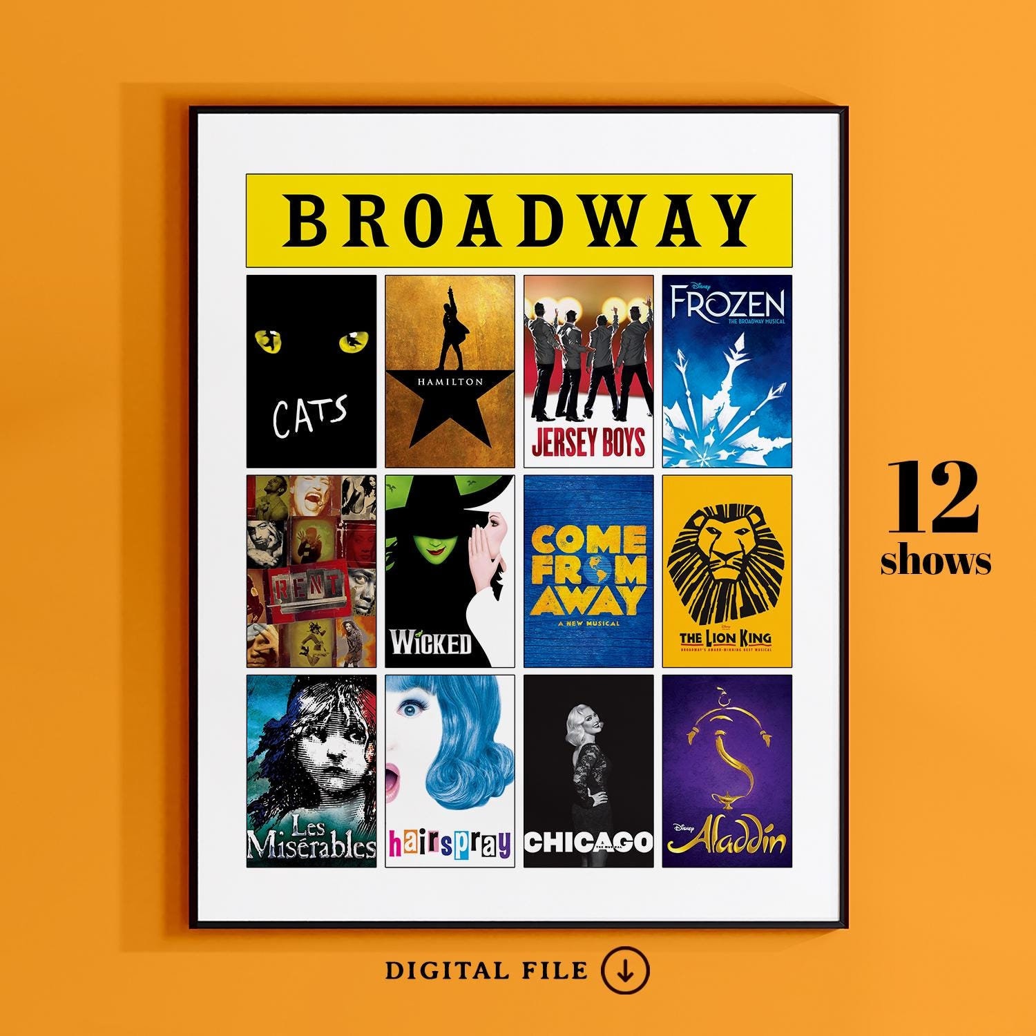 Custom Broadway Poster - 12 shows - Broadway Musical Tribute Art, Custom Musical Theatre Poster, Playbill gift, Broadway Digital Gift Poster
