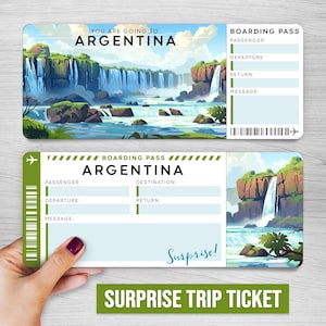 Billet numérique de voyage surprise pour l'Argentine, carte d'embarquement imprimable pour l'Argentine, billet de vacances imprimable, bon cadeau vacances, cadeau modifiable