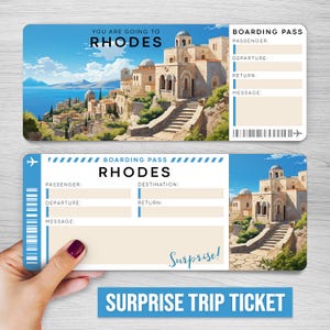 Billet cadeau numérique voyage RHODES surprise, carte d'embarquement imprimable Grèce, billet vacances imprimable Europe, billet vacances voyage Grèce