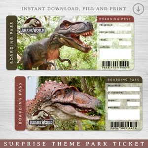 Digitale JURASSIC WORLD Überraschung Universal Studios Reisetickets bearbeitbares Urlaubsticket, Reiseticket Überraschungsziel druckbares Ticket