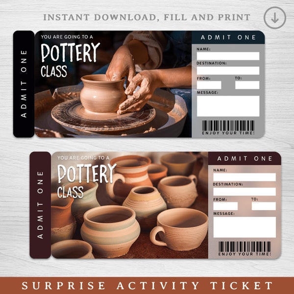 Digital Pottery Class Surprise Ticket, Ceramics Class voucher Surprise Gift Reveal, Printable Art class Gift Voucher, Art Class Voucher