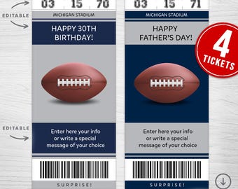 May include: Four printable football game tickets with a blue and gray color scheme. The tickets have a football graphic, the text "Happy 30th Birthday!" and "Happy Father's Day!" and the words "Surprise!" at the bottom. The tickets are editable and can be personalized with your own information.