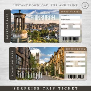 Digitales EDINBURGH Surprise Trip Ticket, Schottland druckbare Bordkarte, druckbare Urlaubskarte, Urlaubsgeschenkgutschein, bearbeitbares Geschenk