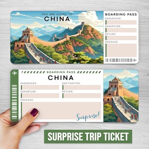 Puede incluir: Un billete de embarque imprimible con una imagen de la Gran Muralla China. El billete dice "You are going to China" y "Boarding Pass China".
