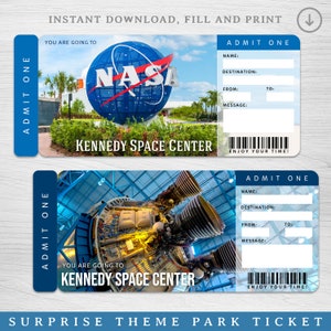 Billet imprimable de voyage surprise au centre spatial Kennedy, billet spatial de la NASA, carte d'embarquement imprimable, billet de vacances modifiable, billet d'admission
