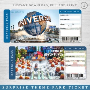 Printable UNIVERSAL STUDIOS Surprise Trip ticket, Universal Gift Ticket, Printable Boarding Pass, Editable Vacation Ticket, Admission Ticket