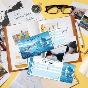 May include: A travel scrapbook with a map, photos, and two boarding passes for a trip to Iceland. The boarding passes are blue and white with the text "You are going to Iceland" and "Boarding Pass Iceland".