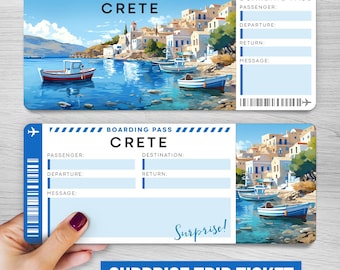 May include: A blue and white boarding pass with a picture of a Greek island town and the words "You are going to Crete" and "Boarding Pass Crete". The text "Surprise!" is printed on the bottom of the pass.