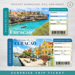 Digitaal CURACAO-cadeaubon verrassingsreis, afdrukbare instapkaart Curaçao, afdrukbaar vakantieverrassingskaartje, reiskaartje, vakantiekaartje
