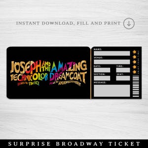 Druckbare Joseph und der erstaunliche Technikolor Dreamcoat Broadway Surprise Ticket, Musical Collectible Theaterticket, bearbeitbares Musicalticket