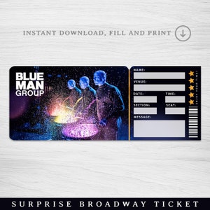 Druckbare Blue Man Gruppe Überraschungskarte, Blue Man Gruppe Konzertkarte, Broadway Bearbeitbares Musiktheater Faux Event Admission Souvenir