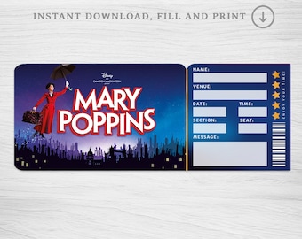 Printable Mary Poppins Broadway Surprise Ticket, Musical Collectible Theater Ticket Editable Musical Theatre Faux Event Admission Souvenir