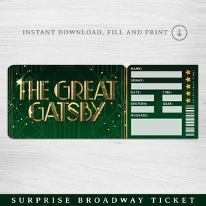Druckbare The Great Gatsby Broadway Surprise Ticket, Great Gatsby Musical Collectible Theaterkarte, bearbeitbare Musiktheaterkarte