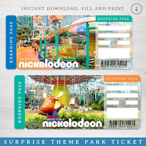Druckbare Nickelodeon Surprise Trip-Karte, Nickelodeon Themenpark Geschenkkarte, druckbare Kinder Park Pass, bearbeitbare Urlaubskarte