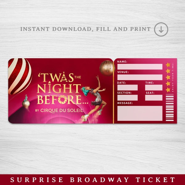 Printable CIRQUE DU SOLEIL Show Surprise Ticket, Musical Collectible Theater Ticket, Faux Event Admission, Surprise Gift Reveal Ticket