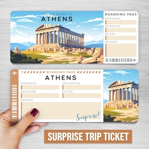 Billete de regalo sorpresa digital para viaje a Atenas, tarjeta de embarque imprimible para Atenas, billete de vacaciones imprimible para Europa, billete de vacaciones para viaje a Grecia