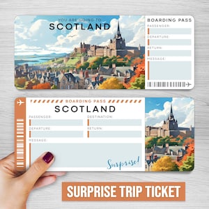 Billete de viaje sorpresa digital a Escocia, tarjeta de embarque imprimible para Escocia, billete de vacaciones imprimible, vale de regalo de vacaciones, regalo editable