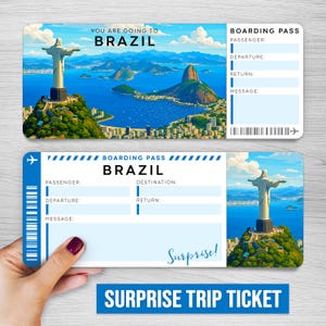 Billet numérique de voyage surprise au Brésil, carte d'embarquement imprimable pour Rio de Janeiro, billet de vacances imprimable, bon cadeau vacances, cadeau modifiable