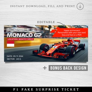 Druckbares Formel-Ticket, MonacoGP-Faux-Tipp, bearbeitbares Monaco-Rennticket, Rennandenken-Tuch, Überraschungsgeschenkkarte für ein Rennen