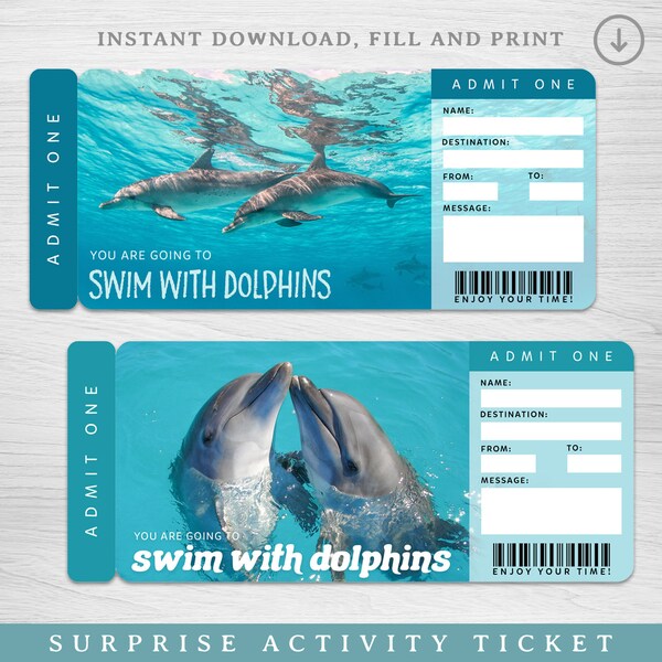 Digital Swim with DOLPHINS Surprise Trip Gift Ticket, Dolphin Encounter Surprise Reveal, Printable Surprise Swimming with Dolphins Ticket