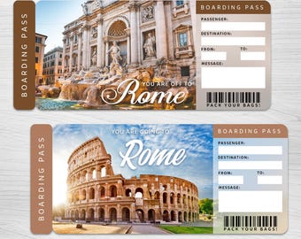 Billet cadeau numérique voyage ROME surprise, carte d'embarquement pour l'Italie, bon cadeau vacances imprimable pour l'Europe