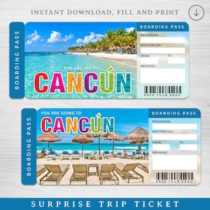Billet numérique de voyage surprise à CANCUN, carte d'embarquement imprimable pour Cancun, billet de vacances au Mexique, bon cadeau vacances, billet d'avion pour Cancun
