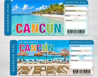 May include: A printable boarding pass with a beach scene and the text "You are off to Cancun" and "You are going to Cancun". The pass has fields for passenger, destination, from, to, and message. It also says "Pack your bags!"