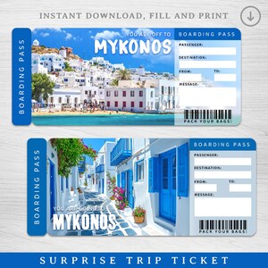 Biglietto regalo digitale per viaggio a sorpresa a MYKONOS, carta d'imbarco stampabile per la Grecia, biglietto per le vacanze stampabile a Mykonos, biglietto per le vacanze per il viaggio in Grecia