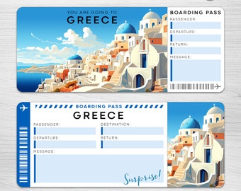 Digital GREECE Surprise Trip Gift Ticket, Santorini Printable Boarding Pass, Europe Printable Vacation Ticket, Trip Ticket, Vacation Ticket