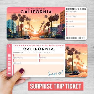 Digitales CALIFORNIA Surprise Trip Ticket, Kalifornien druckbare Bordkarte, druckbare Urlaubskarte, Urlaubsgutschein, personalisiertes Geschenk