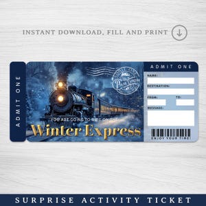 Può includere: Un biglietto stampabile per un'attività a tema invernale. Il biglietto presenta uno sfondo blu con una scena innevata di un treno. Il testo "You are going to ride on the Winter Express" è stampato sul biglietto. Il biglietto ha spazi vuoti per un nome, una destinazione, da, a e un messaggio.