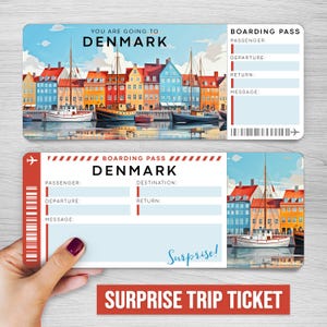 Billet numérique pour voyage surprise au Danemark, carte d'embarquement imprimable DANEMARK, billet de vacances imprimable, bon cadeau vacances, cadeau modifiable