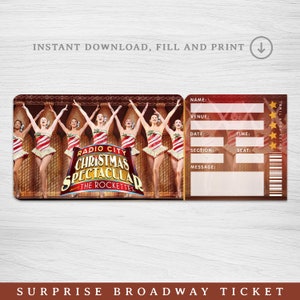 Druckbares Christmas Spectacular Broadway Surprise Ticket, Musikalische Sammlertheaterkarte Bearbeitbarer Musiktheater-Eintritt für Faux-Veranstaltungen