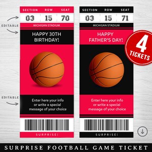 May include: Four printable tickets for a surprise football game. The tickets are red and black with a basketball graphic and the text "Happy 30th Birthday!" and "Happy Father's Day!"