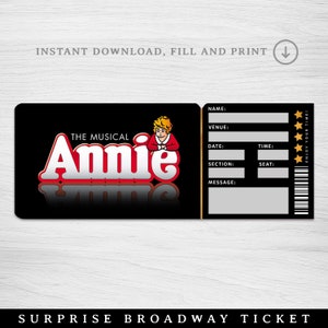 Druckbare Annie Broadway Surprise Ticket, Musical Collectible Theater Ticket Bearbeitbares Souvenir Ticket für den Eintritt ins Musical Theater Faux Event